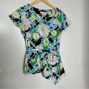 Koi‎ Bridgette Scrub Top Asymmetrical Floral Blue Green Women’s Size XS